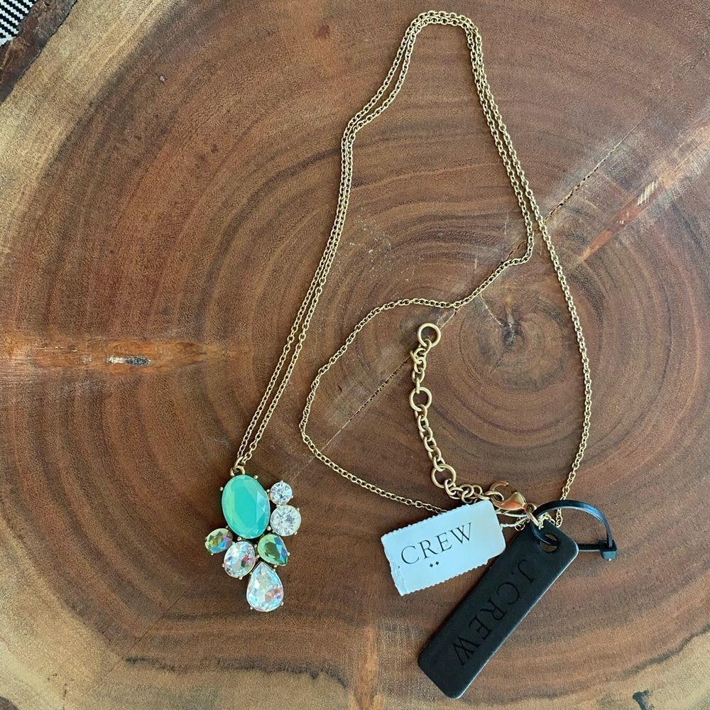J. crew Art Deco retro style gold and sea green gem long statement necklace